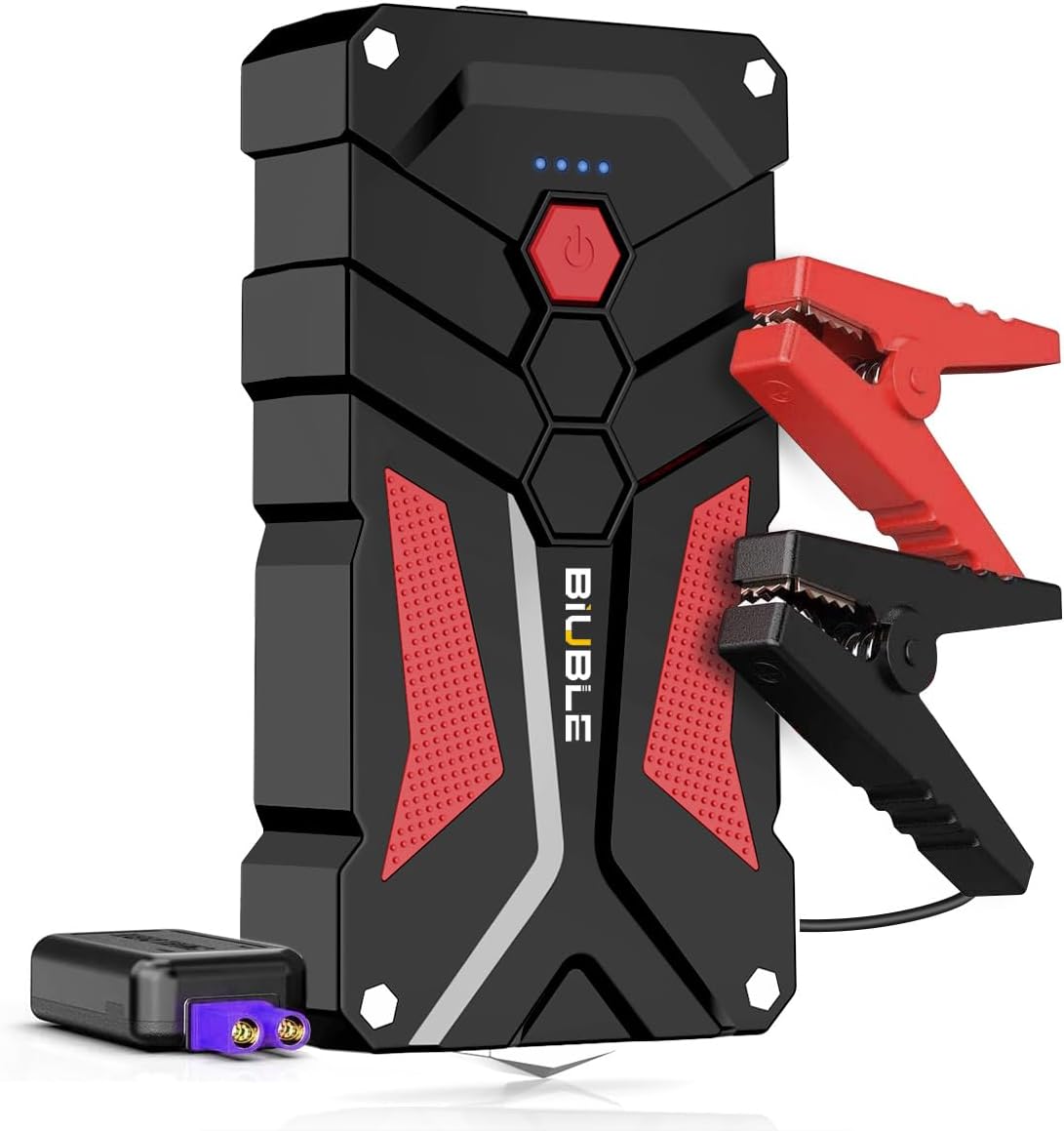 BIUBLE Arrancador de Coches,1500A 12800mAh Arrancador de Baterias de Coche(para 7.0L Gasolina o 5.5L Diesel) Linterna LED,Puerto USB,Martillo de Seguridad y Salida QC3.0 para Móvil