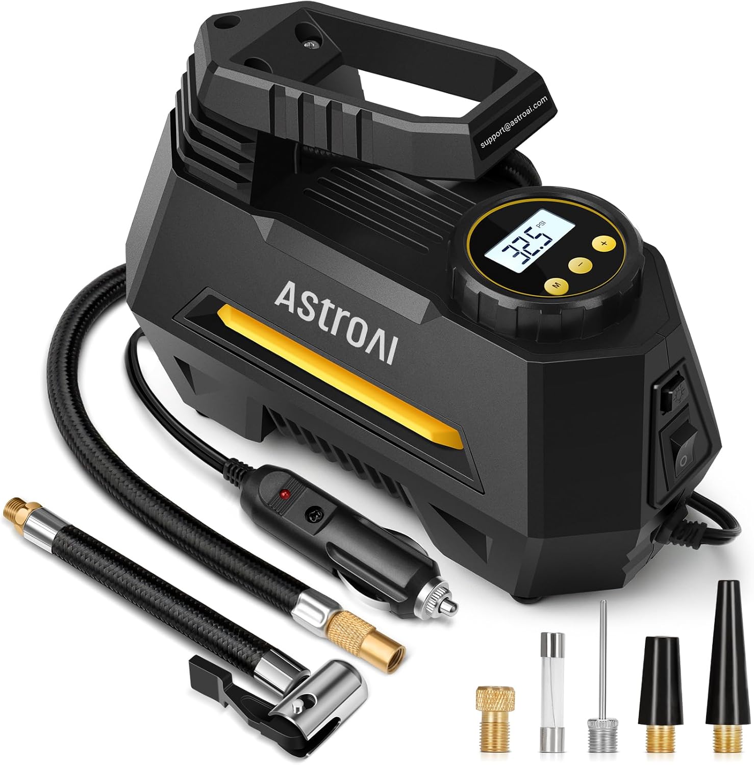 Compresor Aire Coche con Pantalla LCD, Luz LED, Manómetro y 3M Cable para Moto, Bicicleta, Pelota, Coche y Etc